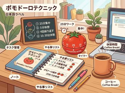 ポモドーロテクニックで作業するデスク。トマトタイマー、ノート、コーヒー。
