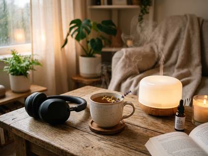 部屋の窓辺のテーブルにヘッドホン、ハーブティー、アロマディフューザーがある癒しの風景。