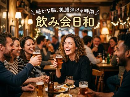 グラスを片手に楽しそうに笑う女性と周囲の和やかな飲み会の様子