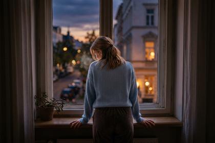 窓辺でため息をつく20代女性の後ろ姿、夕暮れの光が差し込む部屋