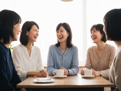 カフェのような落ち着いた空間で友人と笑い合う女性たち