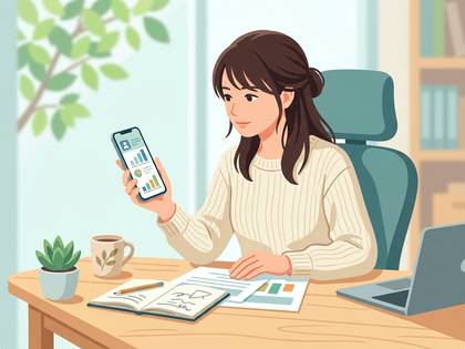 スマートフォンでデータを確認しながらデスクワークをする女性。