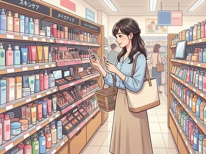 化粧品売り場で笑顔の女性が商品を選んでいる。