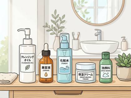 洗面台のカウンターに、クレンジングオイル、化粧水など日本のスキンケア用品が並べられている。