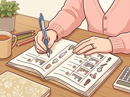 女性がペンでノートに家計や記録を書き込んでいる。