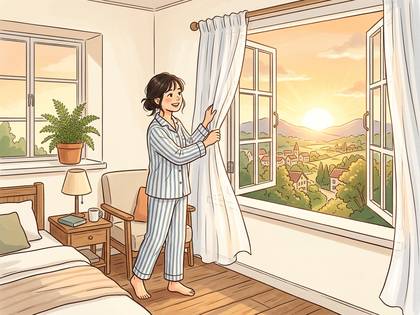 パジャマ姿の女性が窓のカーテンを開け、美しい日の出の景色を眺めている。
