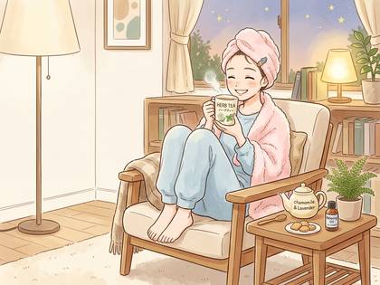 タオル姿の女性がハーブティーを飲み、椅子で笑顔でくつろぐ夜の風景。