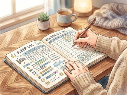 睡眠記録手帳にペンで書き込む手元。健康管理と心地よさを伝える。