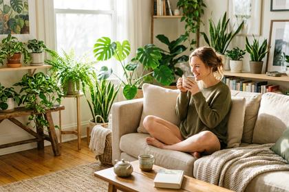 ソファでリラックスしながらハーブティーを飲む女性、観葉植物のある明るいリビング