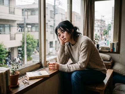 窓辺に座り、マグカップを片手に物思いにふける女性。