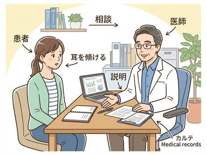 医師が患者に説明し、患者が耳を傾ける医療相談のイラスト。