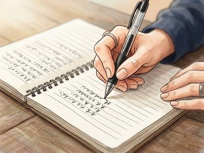 ノートにペンで文字を書いている手。