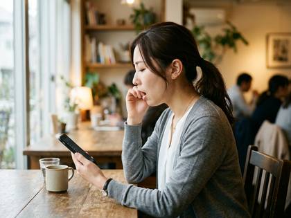 カフェでスマートフォンを見つめ考え込んでいる女性。