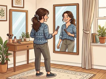 部屋でブラシを持ち、鏡に映る自分を見て微笑む女性。