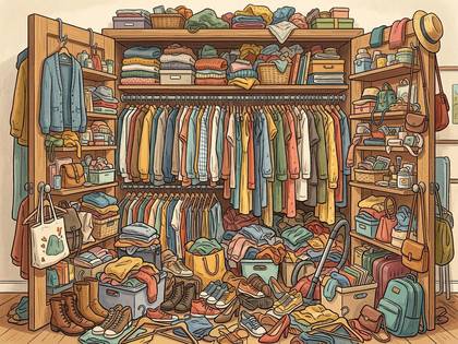洋服や靴で溢れかえった、整理されていないクローゼットのイラスト。