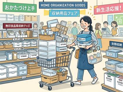 自宅の整理整頓のために収納グッズを大量に購入する女性のイラスト。
