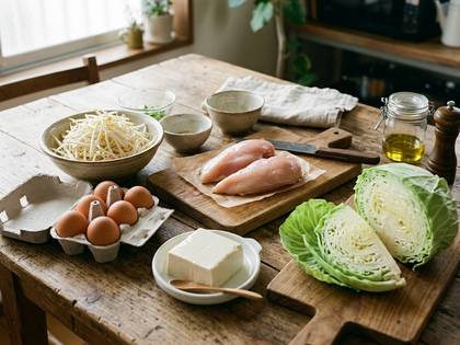木製テーブルに鶏肉、卵、もやし、キャベツ、豆腐など調理前の食材。