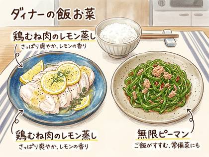 ディナーの献立イラスト。鶏むね肉のレモン蒸しと無限ピーマン、ご飯。
