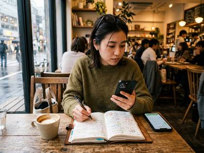カフェでノートに書き込みながらスマートフォンを見る女性。