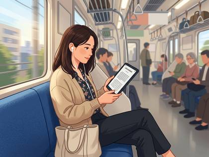 電車内でイヤホンをして電子書籍を読む女性。