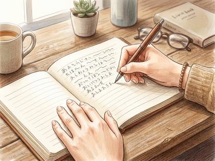 木の机でノートにペンで書く手元。コーヒーカップや観葉植物が置かれている。
