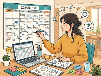 デスクでカレンダーとPCを使い、タスク管理をする女性。