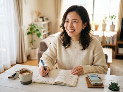 笑顔の女性が自宅でノートに書き物をする様子。