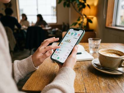 カフェで家計簿アプリが表示されたスマホを操作する手。