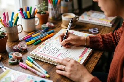 ノートに手書きでリストを書く女性の手元、カラフルなペンとマスキングテープ