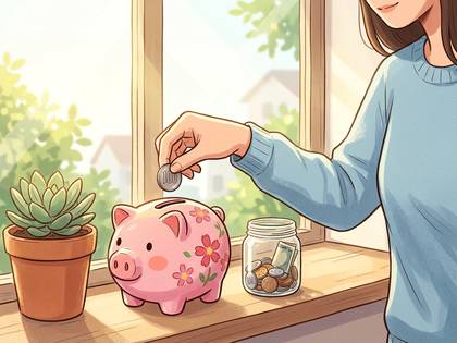 女性がブタの貯金箱にコインを入れる。窓辺の植物と貯金瓶。