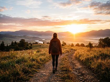 朝日に向かって歩き出す女性の後ろ姿、希望に満ちた風景