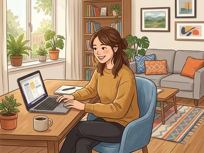 自宅でノートパソコンに向かい、笑顔で作業する女性。観葉植物が豊かな明るい部屋。