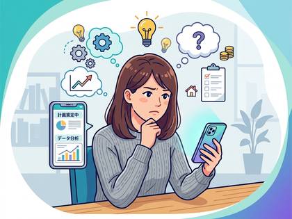 スマートフォンで計画やデータ分析について思案する女性。