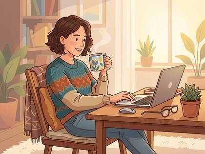 自宅で笑顔の女性がマグカップ片手にノートパソコン作業。
