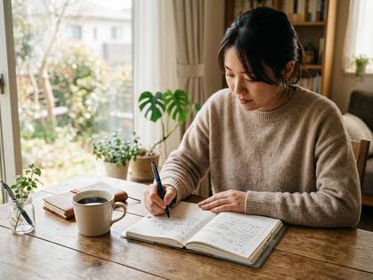 窓からの光が差し込む部屋で、コーヒーを傍らにノートに書き込む女性。