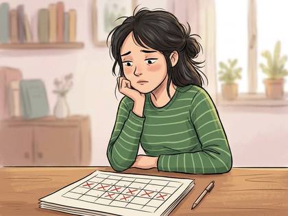 カレンダーのバツ印を見て落ち込む女性のイラスト。
