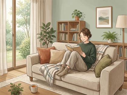 ソファで読書を楽しむ女性と、窓から見える庭のあるリビング。