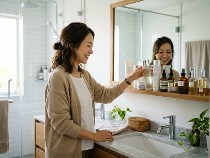 鏡に映る笑顔の女性がバスルームでスキンケア製品を選んでいる。