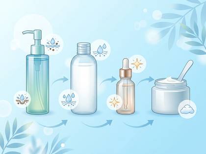 スキンケア製品（クレンジング、化粧水、美容液、クリーム）の使用順序を示すイラスト。