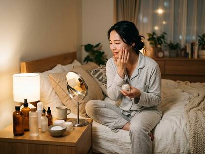 ベッドでパジャマ姿の女性が顔にスキンケアクリームを塗る様子。