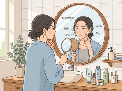 鏡で肌の悩みをチェックする女性。毛穴、乾燥、くすみなど顔の肌状態を確認。