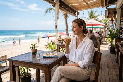 白いブラウスと涼しげなリネンのパンツを履いた女性が、海辺のカフェでアイスコーヒーを飲んでいる様子