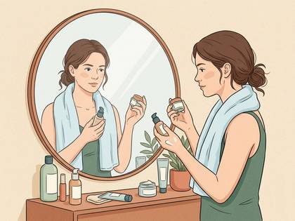 鏡を見ながらスキンケア製品で肌のお手入れをする女性のイラスト。
