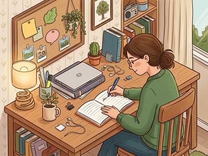 部屋の机で集中してノートに書き物をする女性のイラスト。