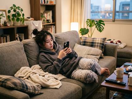 ソファでくつろぎながらスマホを見る女性。