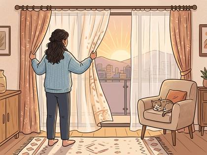 窓を開けて朝日を眺める女性と、部屋でくつろぐ猫。街の景色が見える。