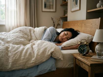 ベッドで穏やかに眠る女性。隣に目覚まし時計。
