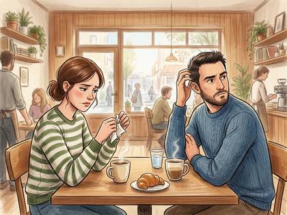 カフェで向かい合う男女。悲しむ女性と、考え込む男性。