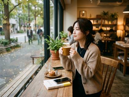 カフェの窓際で、コーヒーを飲みながら外を眺める女性。