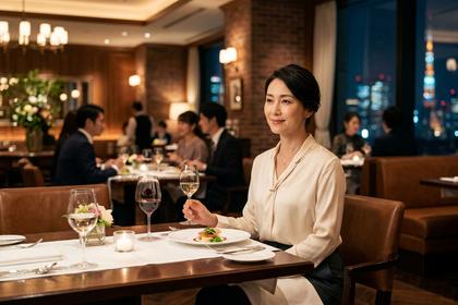 40代の落ち着いた雰囲気の女性が、上質なブラウスとパンツを着こなして、おしゃれなレストランで食事をしている様子